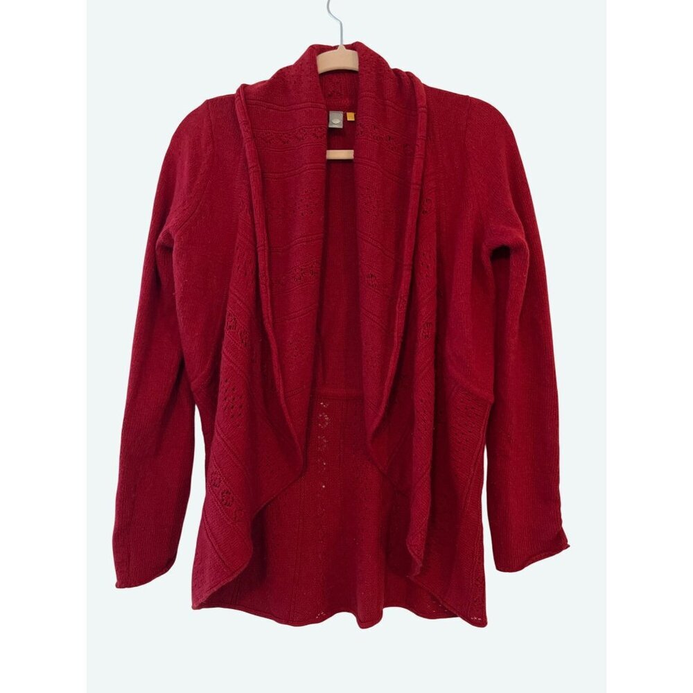 Anthropologie Knitted Knotted Wool Blend‎ Open Front Crochet Knit Cardigan S Red
